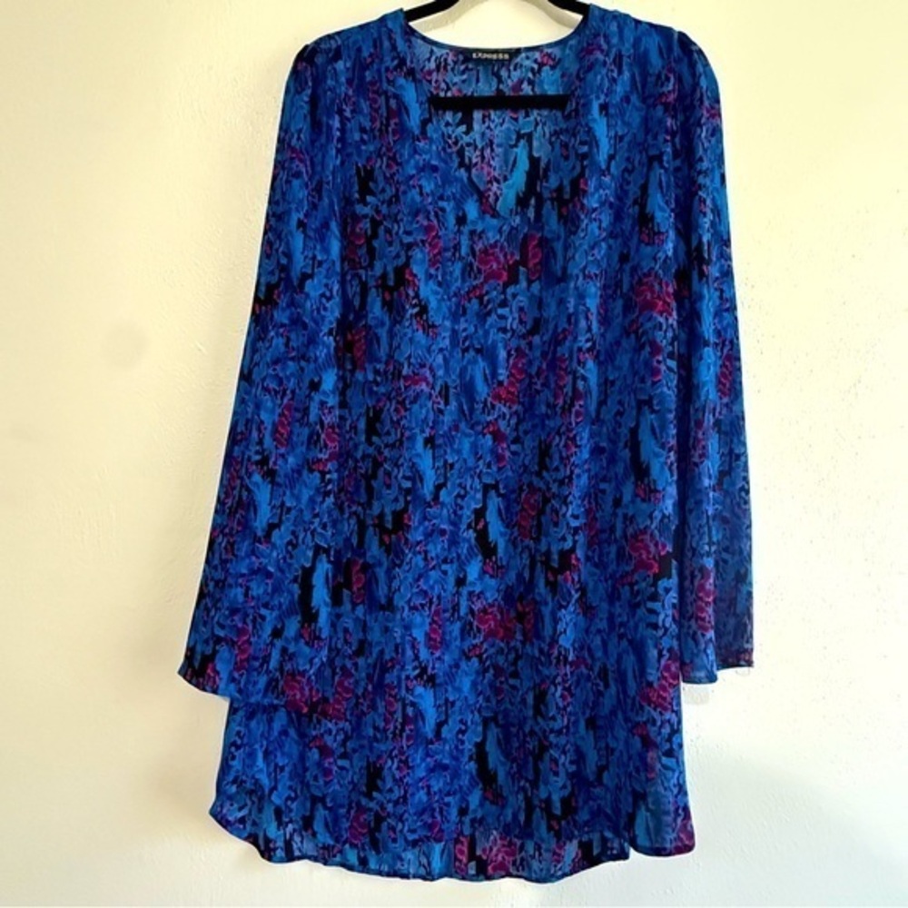 Express Blue/Black/Fuchsia Patterned Tunic Dress w/Full, Long Sleeves. Sz M.